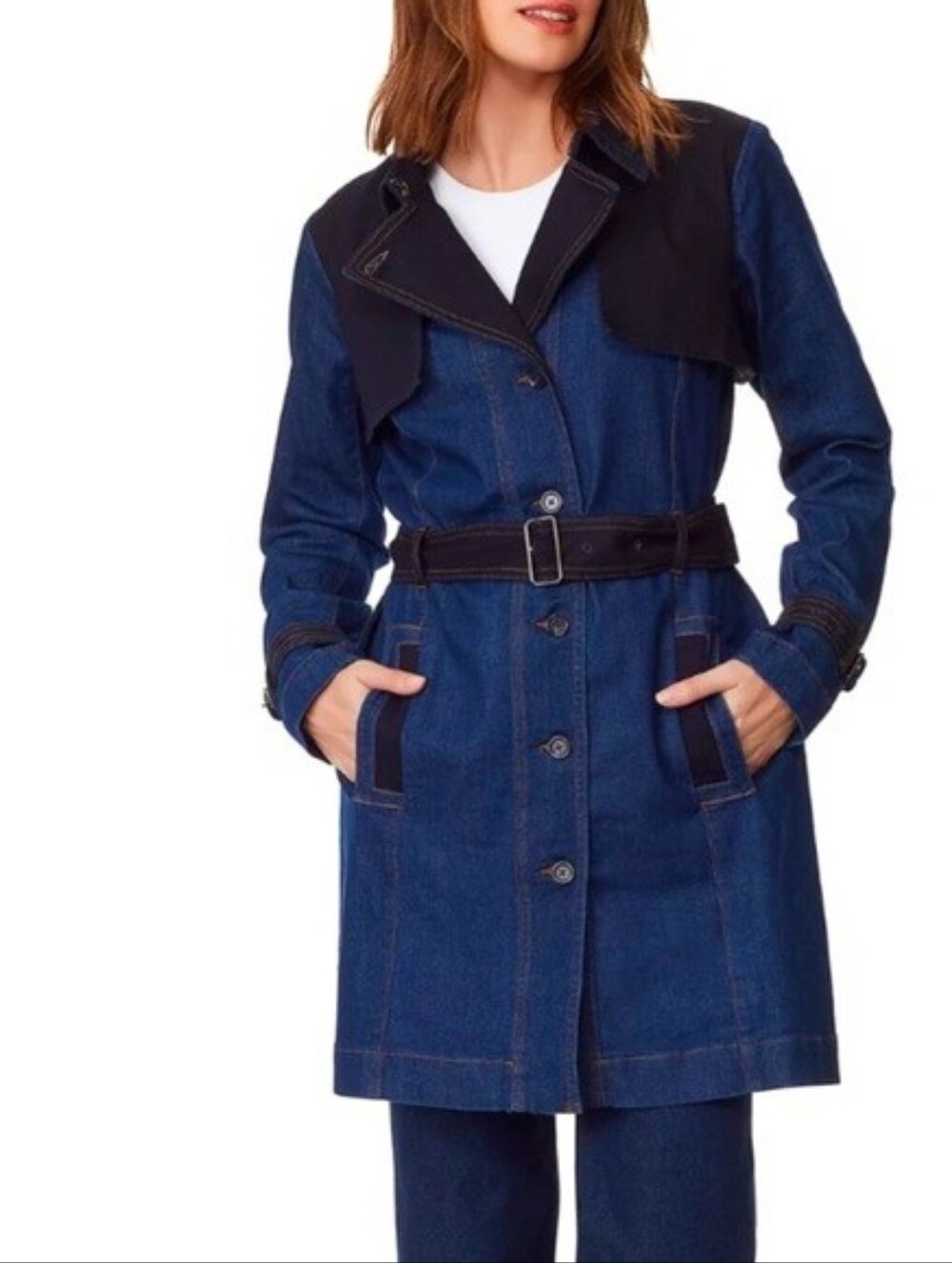 Christian Siriano Dark Blue Denim Trench Coat with Black Accents